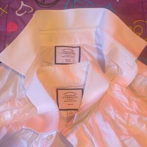 2 Charles Tyrwhitt Shirts  Mens 43 16 1/2 White Herringbone Cotton Long Sleeve